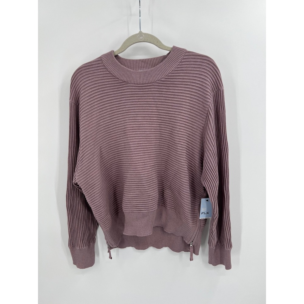 FLX Travel Leisure Ribbed Knit Sweater Mauve Purple Side Zip Crewneck Medium NWT